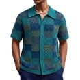 thumbnail image 4 of YueHuiYing Men's Striped Knit Short Sleeve Button-Down Shirt Crochet Hollow-Out Summer Beach Top Vintage Vacation Wear, 4 of 9