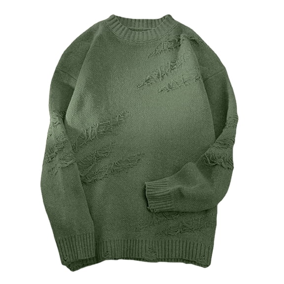 comerut Men Fall Winter Sweater Round Neck Ripped Solid Color Knitted Thick Long Sleeve Pullover High Street Hip Hop Warm Elastic Soft Vintage Sweater