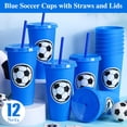 thumbnail image 4 of Domensi Juego de 12 Vasos Plásticos Azules de Fútbol con Tapa y Popote 710 ml, 4 of 7