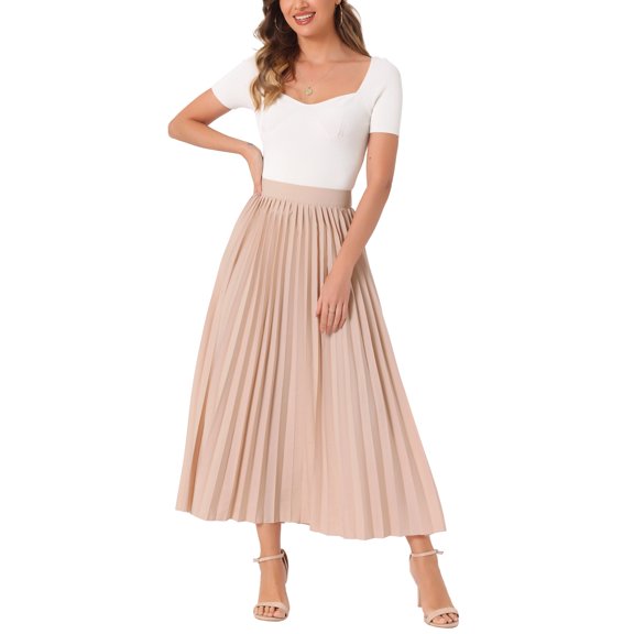 INSPIRE CHIC Women's High Waisted Side Zipper Work Casual Vacation Flowy Long Pleated Maxi Skirts S Light Pink