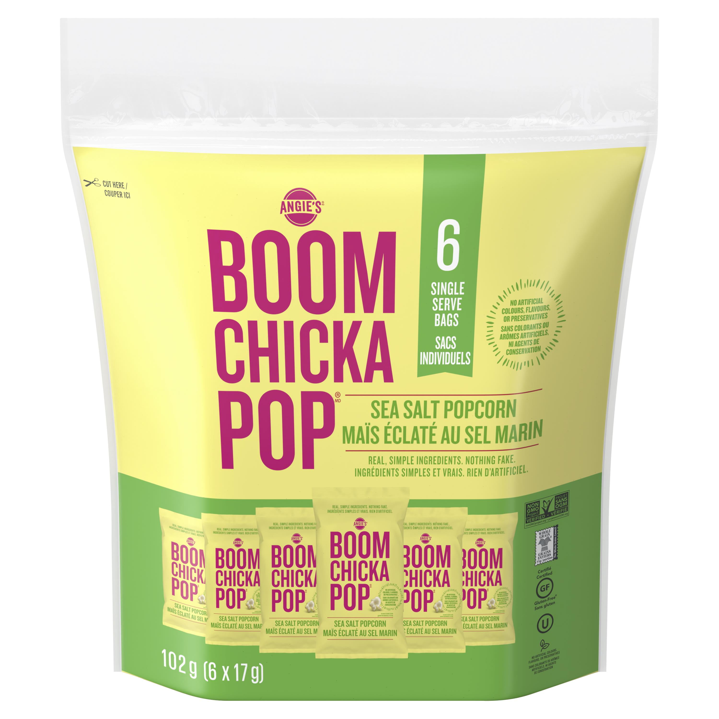 Angie’s BOOMCHICKAPOP® Ready-To-Eat, Gluten-Free, Non-GMO, Sea Salt Vegan Popcorn, 6 single serve bags (6 x 17 g), Whole grain, Non GMO, Kosher, gluten free single serve multi-pack popcorn bags