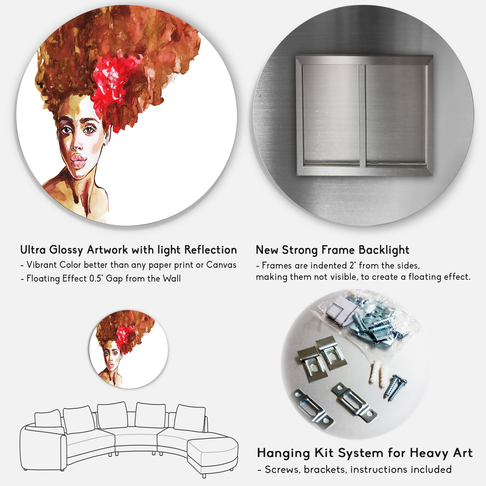 Designart 'Portrait of Young African American Woman II' Modern Circle Metal Wall Art 36x36 - Disc of 36