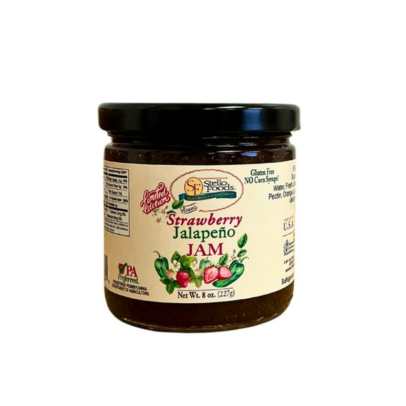Stello Foods - Rosie's Strawberry Jalapeno Jam, Gluten Free, Vegetarian, Vegan, Fresh Strawberries, No Corn Syrups, Low Cholesterol