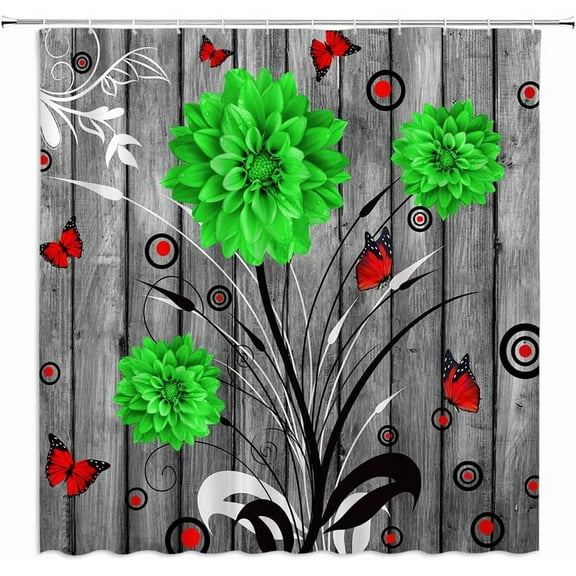 Rustic Dahlia Shower Curtain Farm Floral Orange Flower Butterfly Abstract Branch Vintage Wooden Plank Shabby Barn Door Retro Farmhouse Spring Plant Fabric Bathroom Curtain with Hook