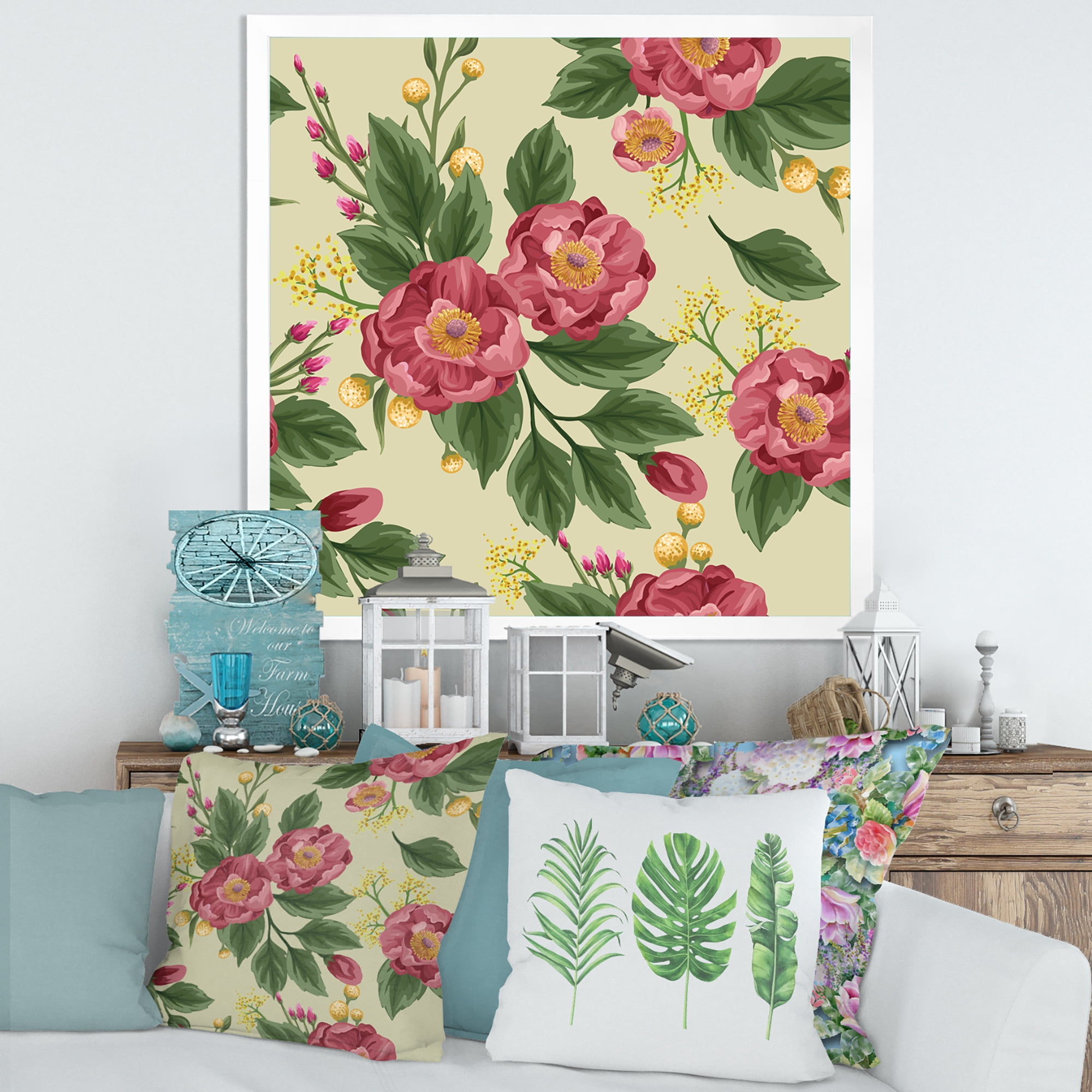 Designart 'Vintage Sweet Peas and Peonies On Beige' Traditional Framed Art Print