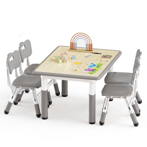 LINLUX Kids Table and 4 Chairs Set, Height Adjustable Table & Chairs, Spacious Activity Table for Toddlers, Gray