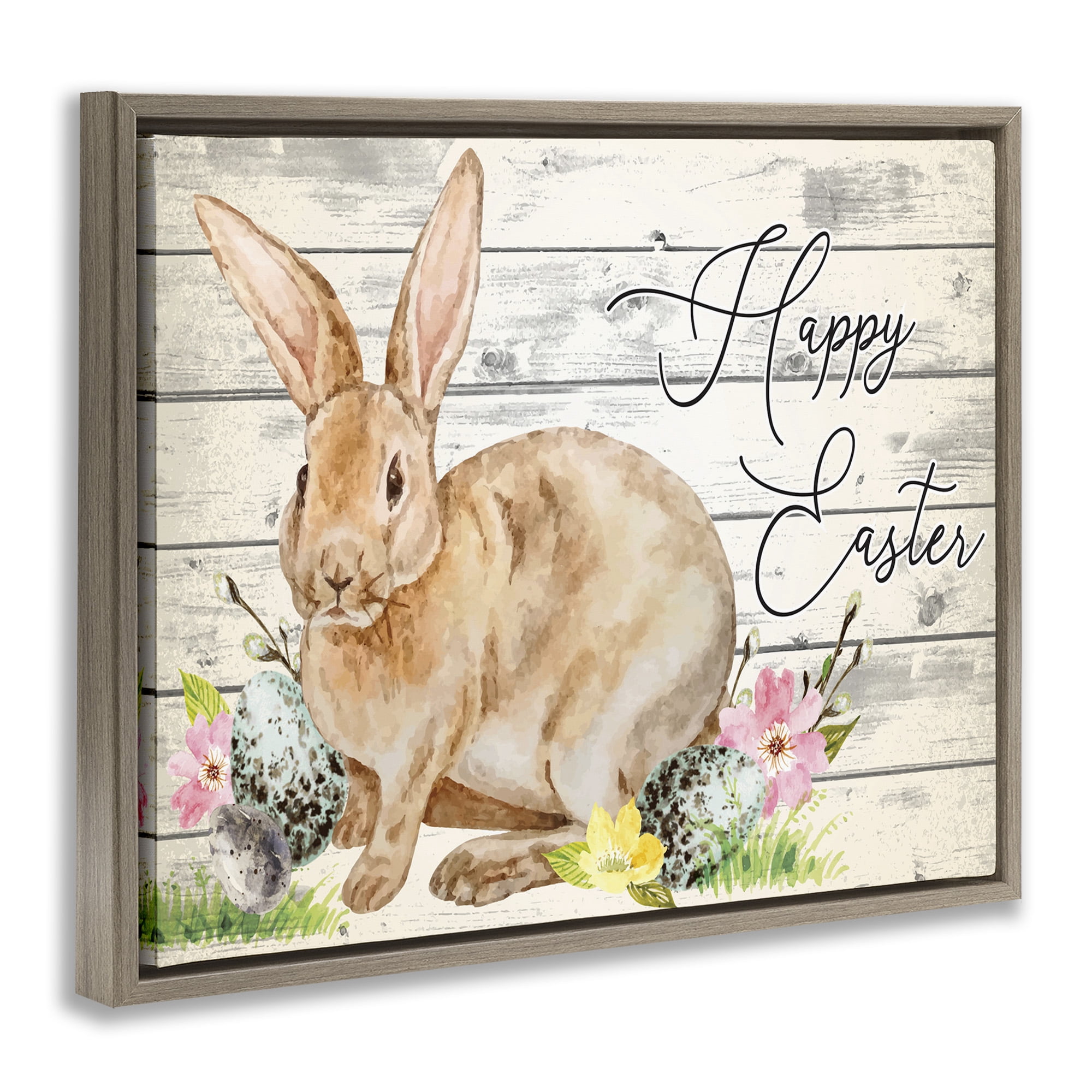 Spring Floral Happy Easter Bunny Brown Floating Frame Canvas Art, 21 x 17, By Nicole DeCamp