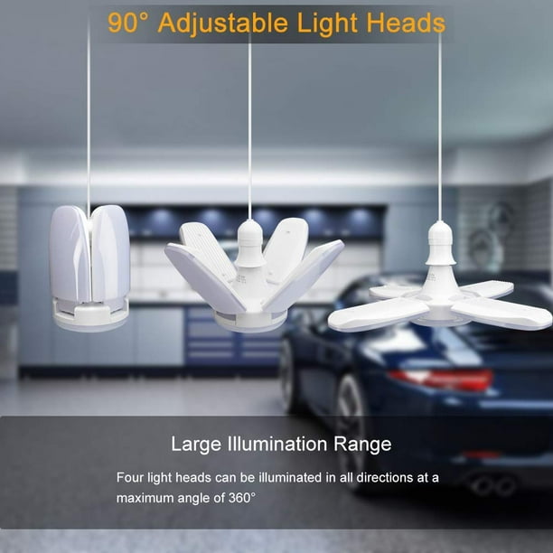 60W LED Garage Lights, Trilights LED Garage Ceiling Lighting, High Low Bay Deformable Adjustable Led Light Bulbs 5500LM 6000K, Screw in Tribright Garage Lighting Fixture