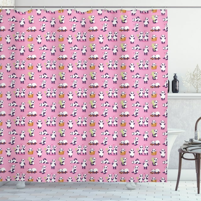 Ambesonne Panda Shower Curtain, Fluffy Animals Playing Around, 69"Wx75"L, Pink Multicolor