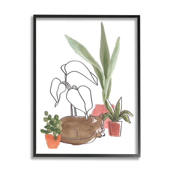 Stupell Industries Sleeping Cat Indoor Pet Terracotta Plants Big Palms, 11 x 14, Design by June Erica Vess