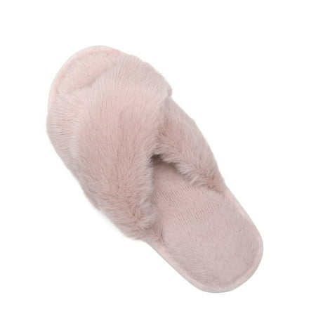 

NineCiFun Women s Fuzzy Slippers Slip on Cross Band Slippers Memory Foam House Slippers Open Toe Sandals for Outdoor Indoor，Pink，Size 7-8US