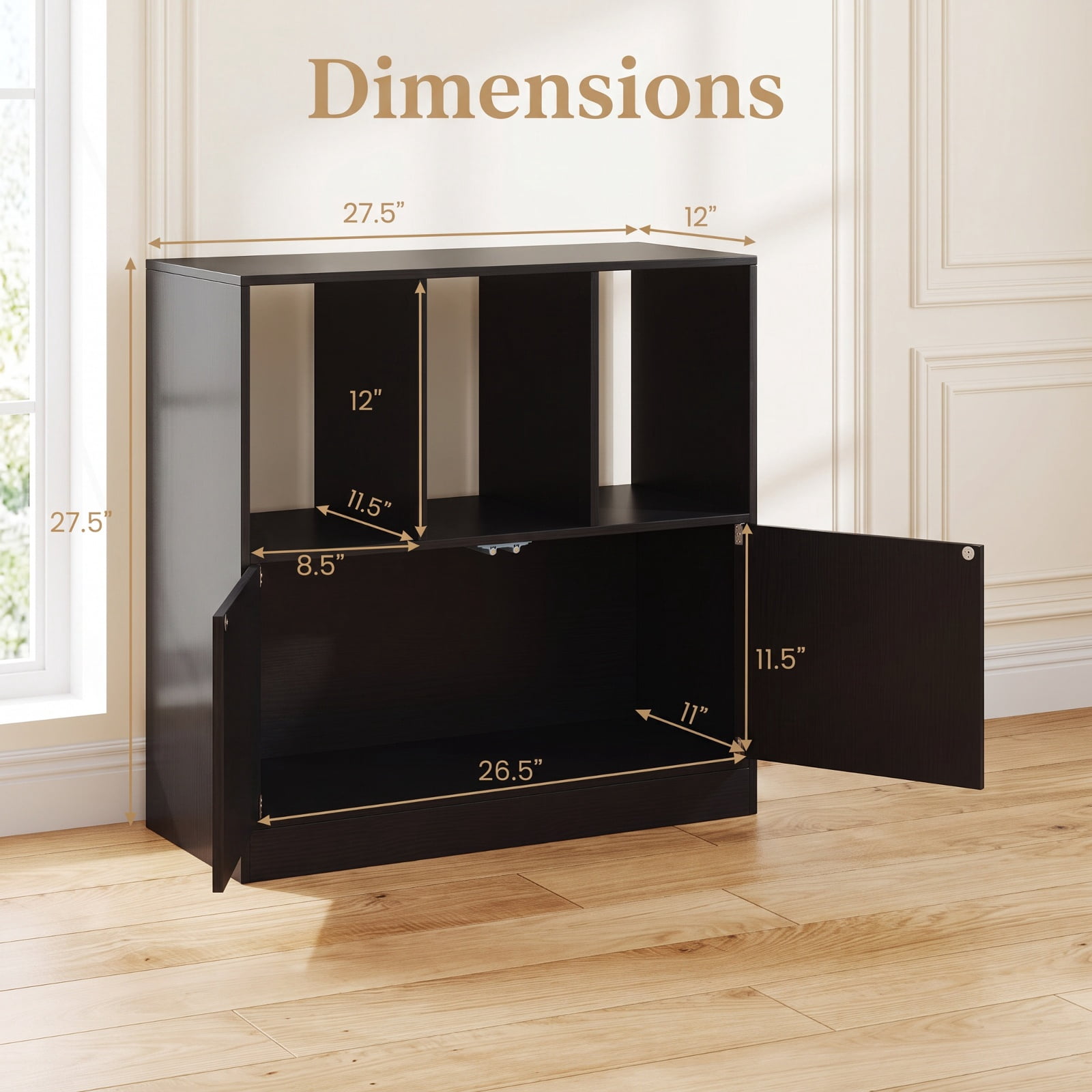 Furnibear 3-Cube Bookcase with Doors 3-Tier Cubic Bookshelf with Open Compartments and Cabinet for Living Room Home Office Bedroom Display, Black