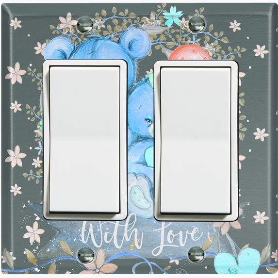 Metal Light Switch Wall Plate Outlet Cover (2 Teddy Bears Blue With Love Heart Balloon Flower - Double Rocker)