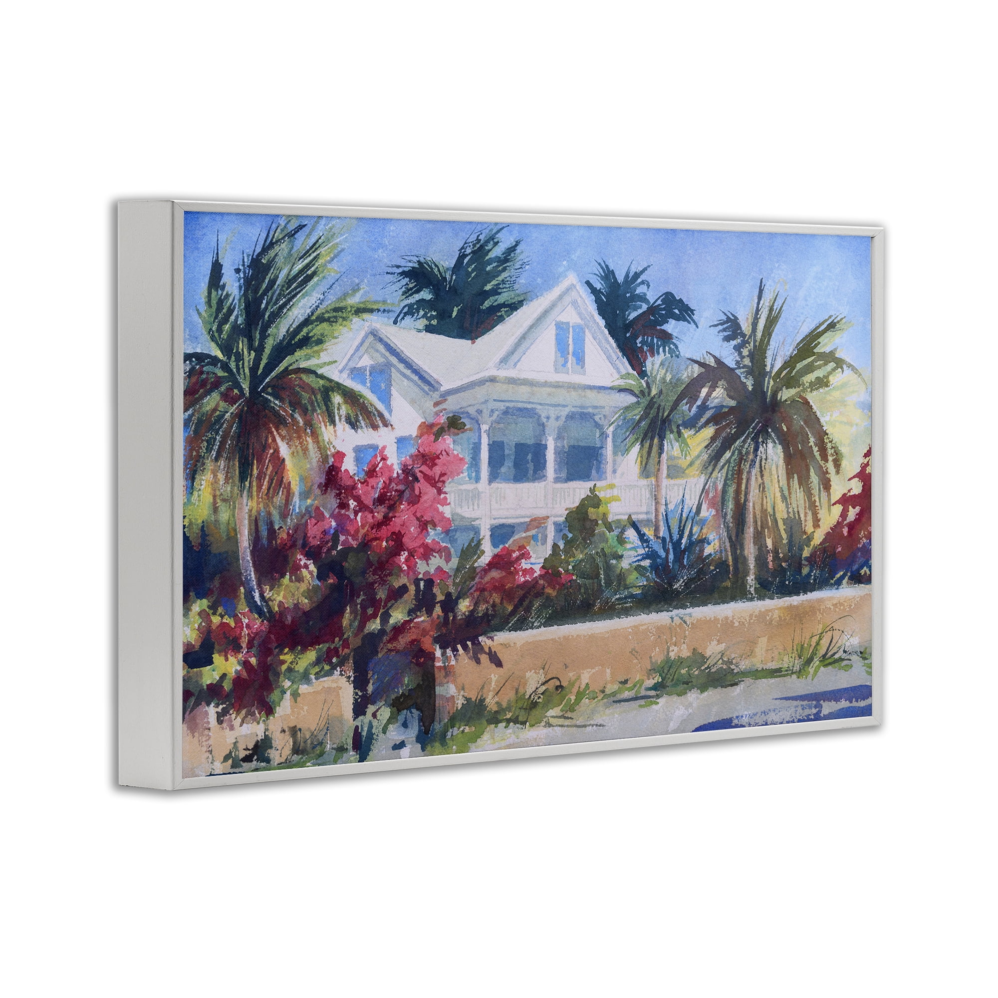 Stupell Industries Palm Tree Cottage Landscape Painting White Framed Art Print Wall Art, 24 x 16