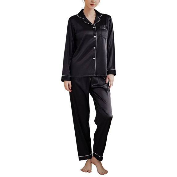 SWSMCLT Women's Cool Loose Pajama Set Chic Lounge Set Button Loungewear Set Cigarette Elastic Elastic Band Black 16