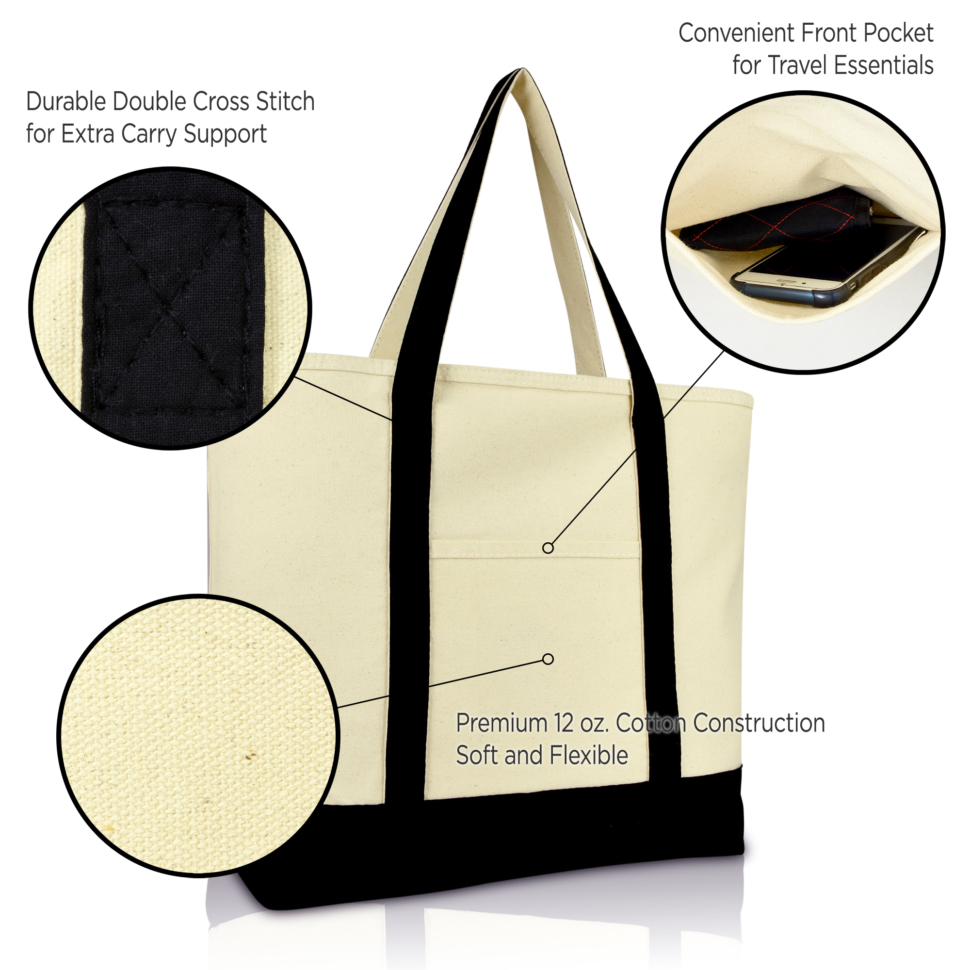 DALIX 22" Extra Large Cotton Canvas Zippered Shopping Tote Grocery Bag in Black Female - image 3 of 6