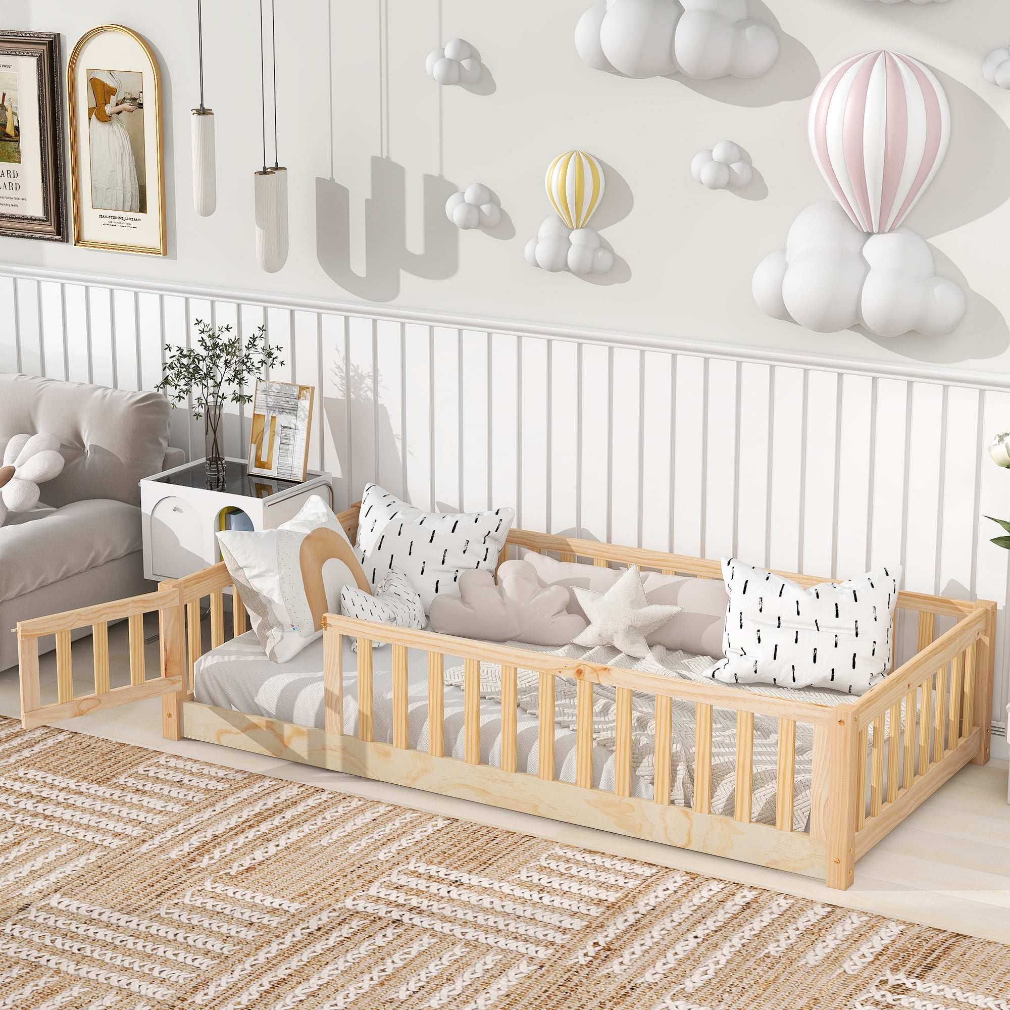 PAPROOS Twin Montessor Floor Bed, Solid Wood Toddler Bed with Safety Guardrail and Door, Easy Assembly, Low-to-Floor Bed Frame with Slats for Kids, Natural