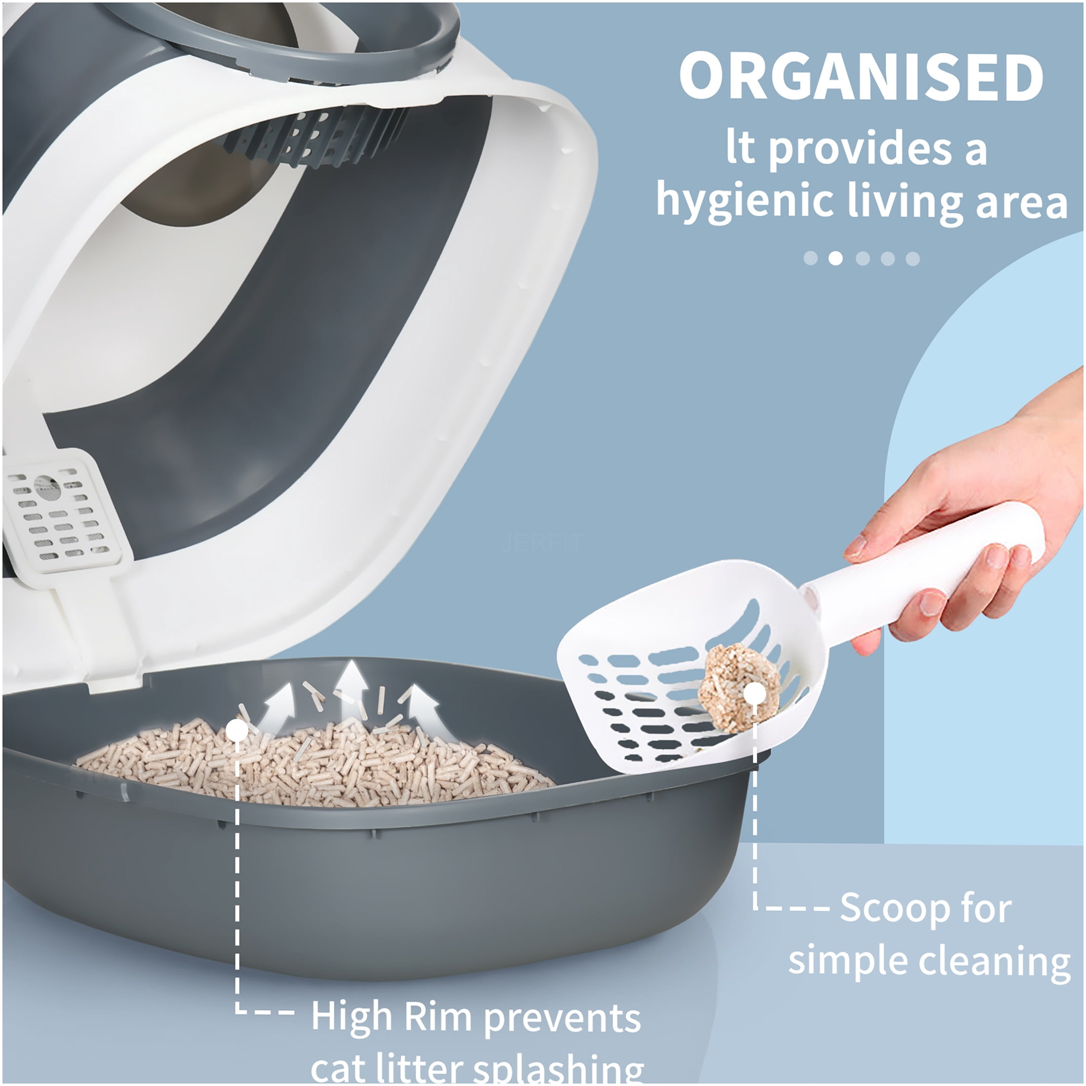 JERFIT Enclosed Cat Litter Box with Lid, Foldable High Sided Litter Box for Odor Control, Large Entrance Kitty Litter Pan with Air Freshener, Easy Clean & Portable, White