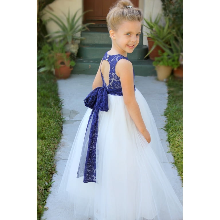 Floral Lace Heart Cutout Flower Girl Dress Junior Pageant Communion Baptism Wedding Tulle Dress 172F navy blue / White / 2 Floral Lace Heart Cutout Flower Girl Dress Junior Pageant Communion Baptism Wedding Tulle Dress 172F navy blue / White / 2