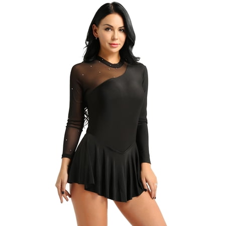 Aiihoo Women s Lyrical Ice Figure Ice Skating Dress Turtleneck Long Sleeve Ballet Dance Leotard Dress Black Large
