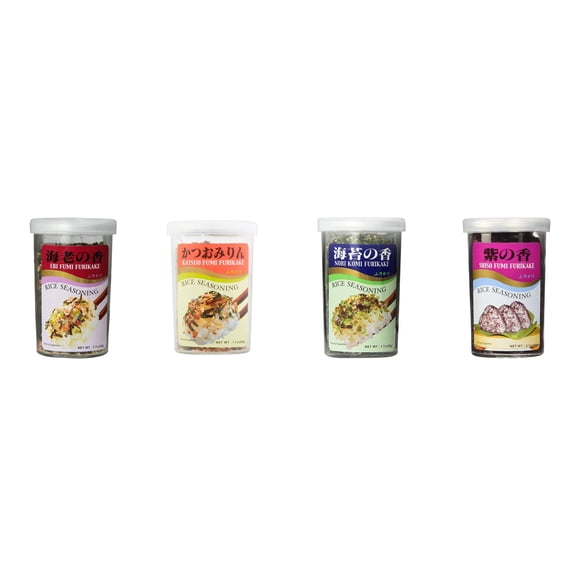 Ajishima JFC Rice Seasoning Fumi Furikake 4 Flavor Mixed Bundle (EBI,Katsuo,Nori Komi,Shiso) Plus NineChef Brand Long Handle Coffee Spoon