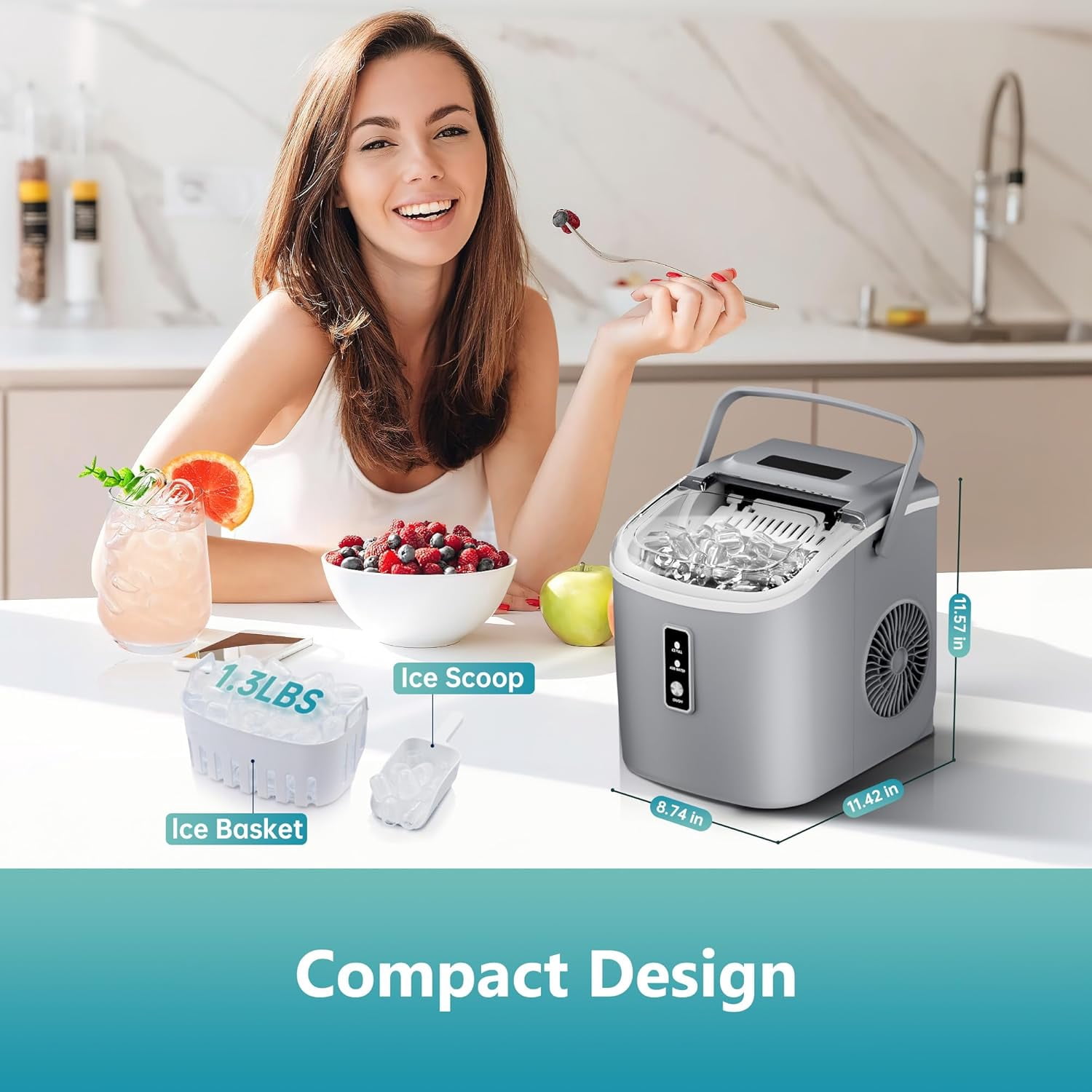 EUHOMY Countertop Ice Maker Machine with Handle, 26.5lbs Per Day, 9 Cubes in 6 Mins, Auto-Cleaning Portable Ice Maker with Basket and Scoop, for Home/Kitchen/Camping/RV (Grey)