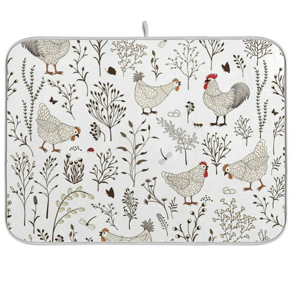 Dish Drying Mat Floral Chicken Leaves Kitchen Mats Microfiber Counter Absorbent Dish Pad Drainer Rack 16"x18"