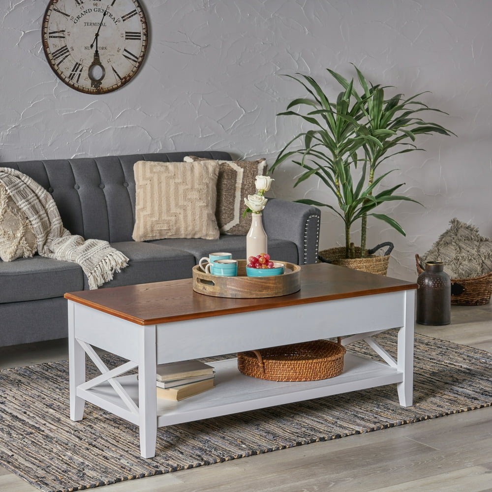 Laurel Luke Farmhouse Faux Wood Lift Top Coffee Table, Brown and White