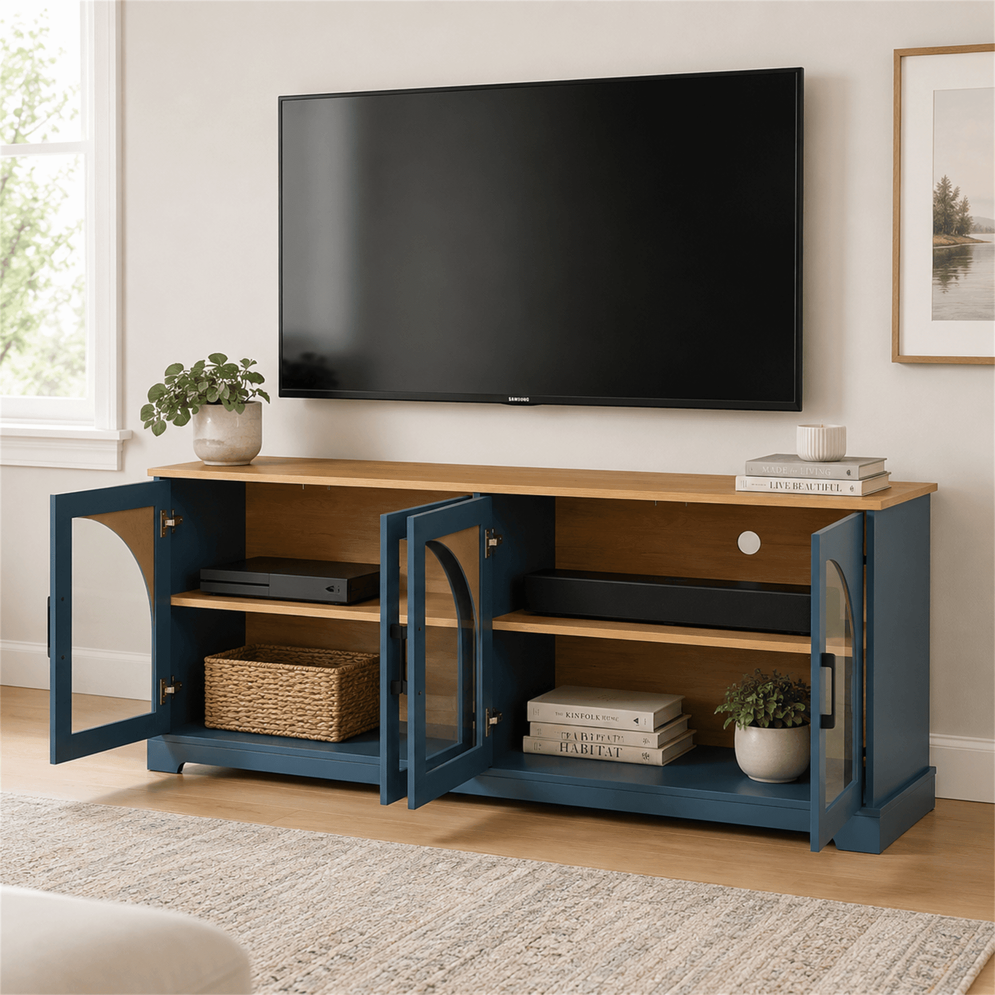 Homy Casa 67" TV Stand Media Console for TVs up to 70", Arched Glass Doors, Adjustable Shelves, Blue