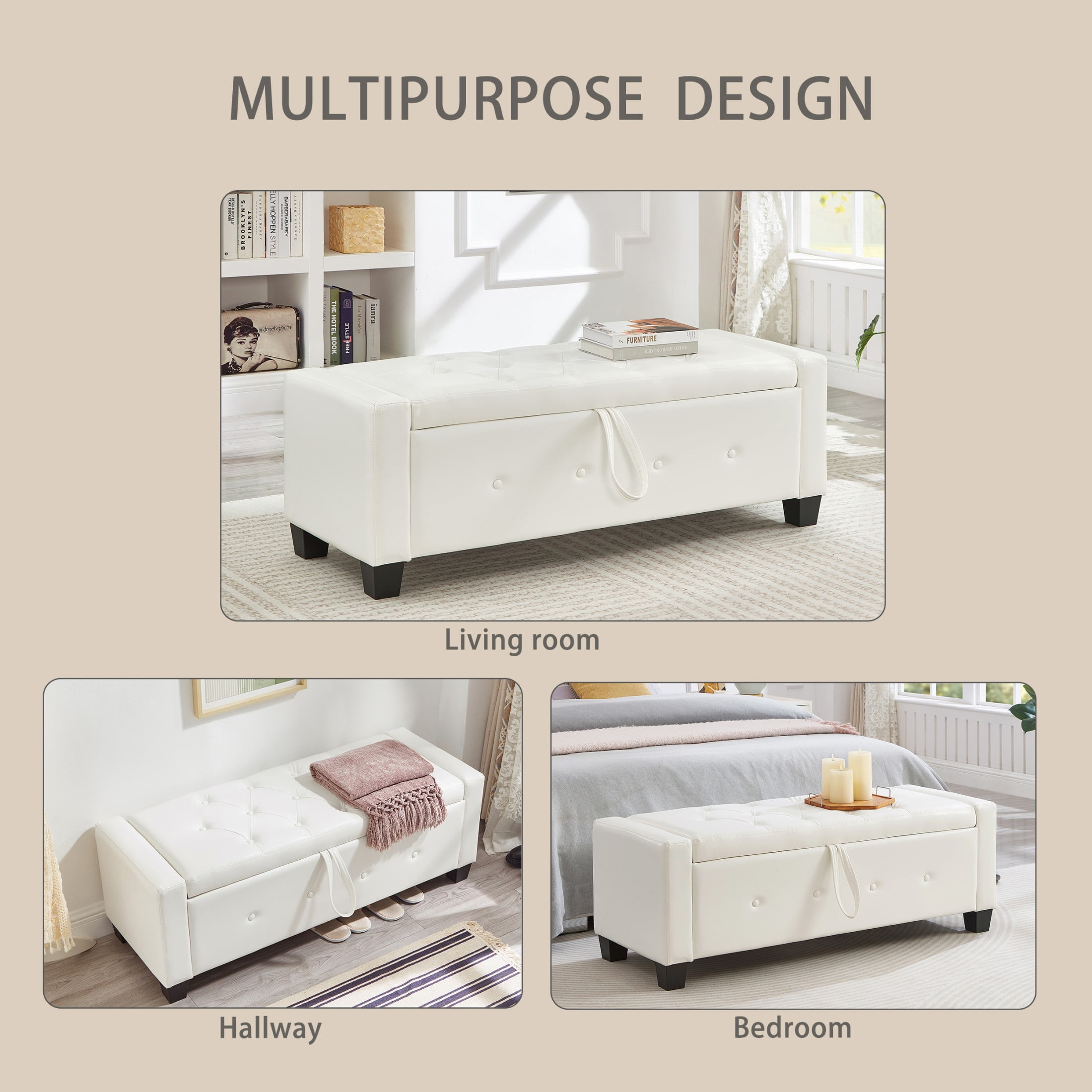 Aukfa 48" Storage Ottoman Bench with Safety Hinges, Upholstered Tufted Faux Leather Bench for Bedroom, Living Room & Entryway, White
