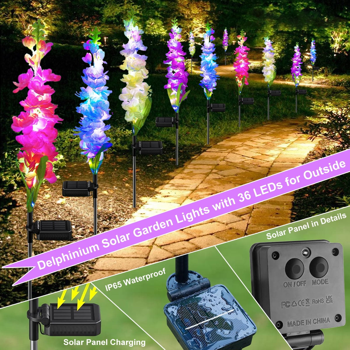 Syenll Delphinium Solar Flower Lights, 4 Pack Solar Garden Lights with 36 LEDs, Waterproof Solar Outdoor Lights for Yard Patio Lawn Decor