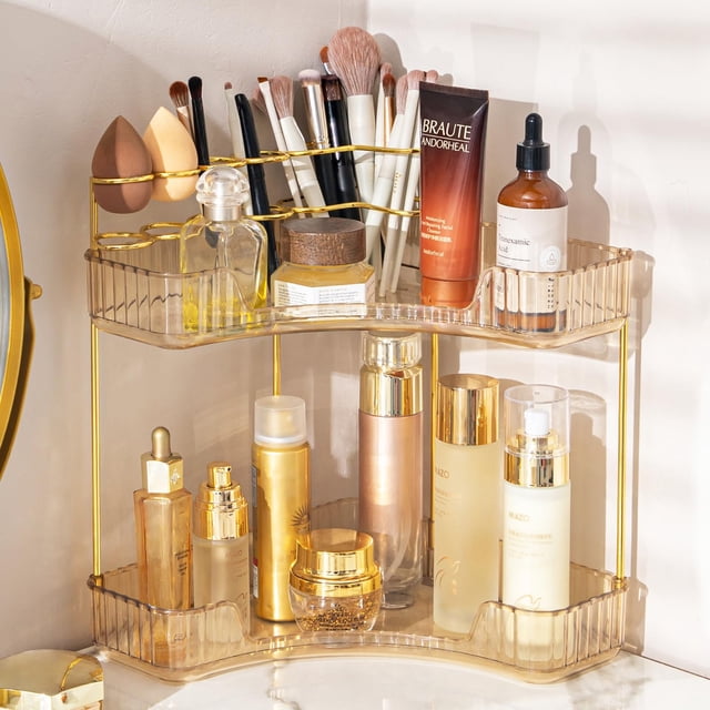 Organizador de maquillaje NATURE'S SOURCE de 2 niveles en esquina para baño, color ámbar
