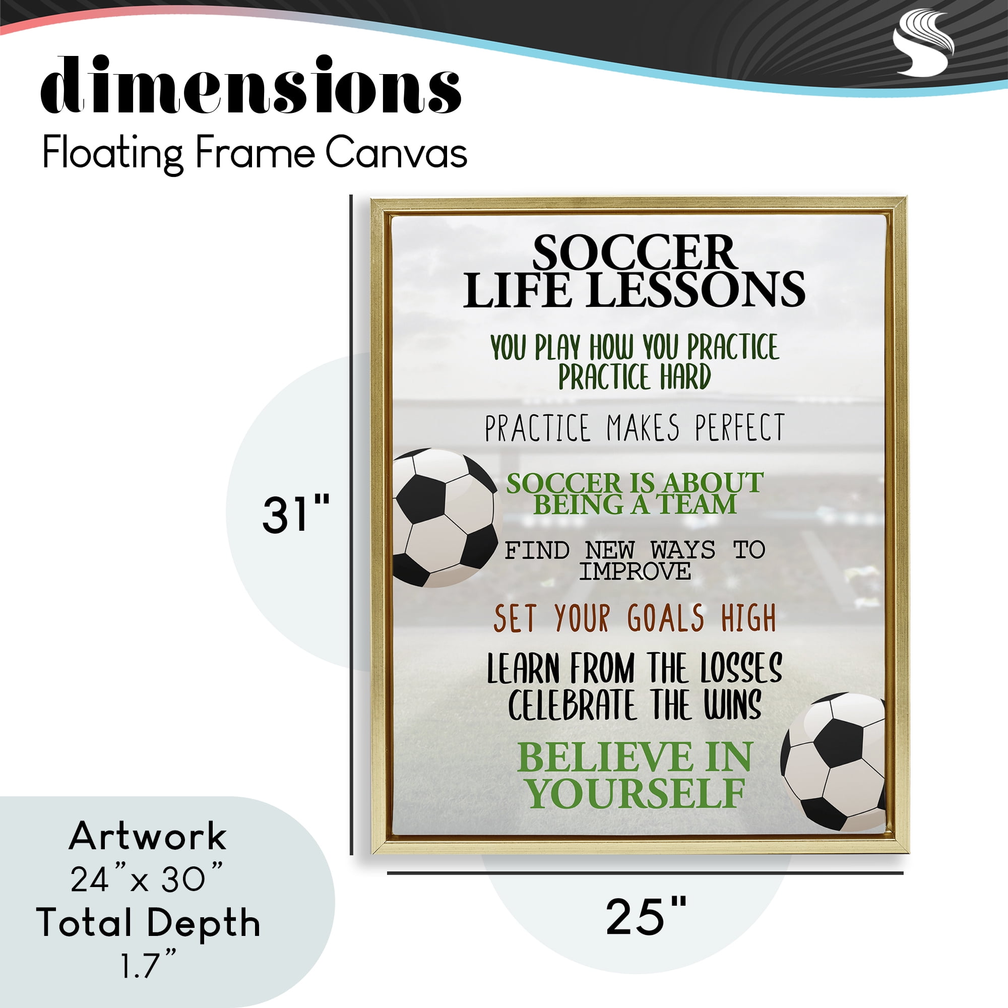 Soccer Life Lessons Gold Framed Floater Canvas Wall Art, design by Kim Allen