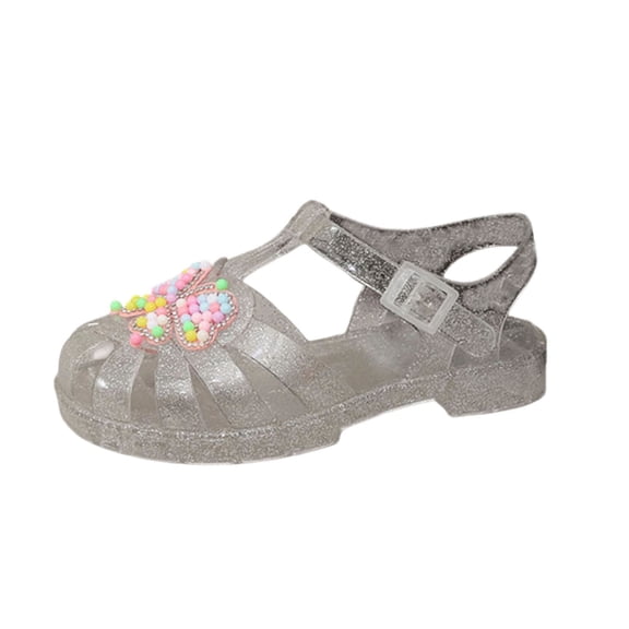 DeHolifer Girl Jelly Sandals Kids Sequin Butterfly Princess Shoes Cute Closed Toe Summer Beach Flat Sandal with Ankle Strap