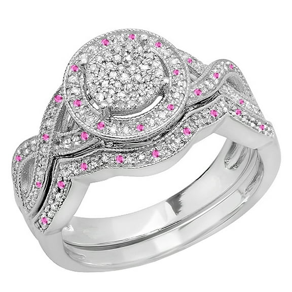Dazzlingrock Collection Sterling Silver Round Pink Sapphire And White Diamond Womens Engagement Ring Set, Size 5