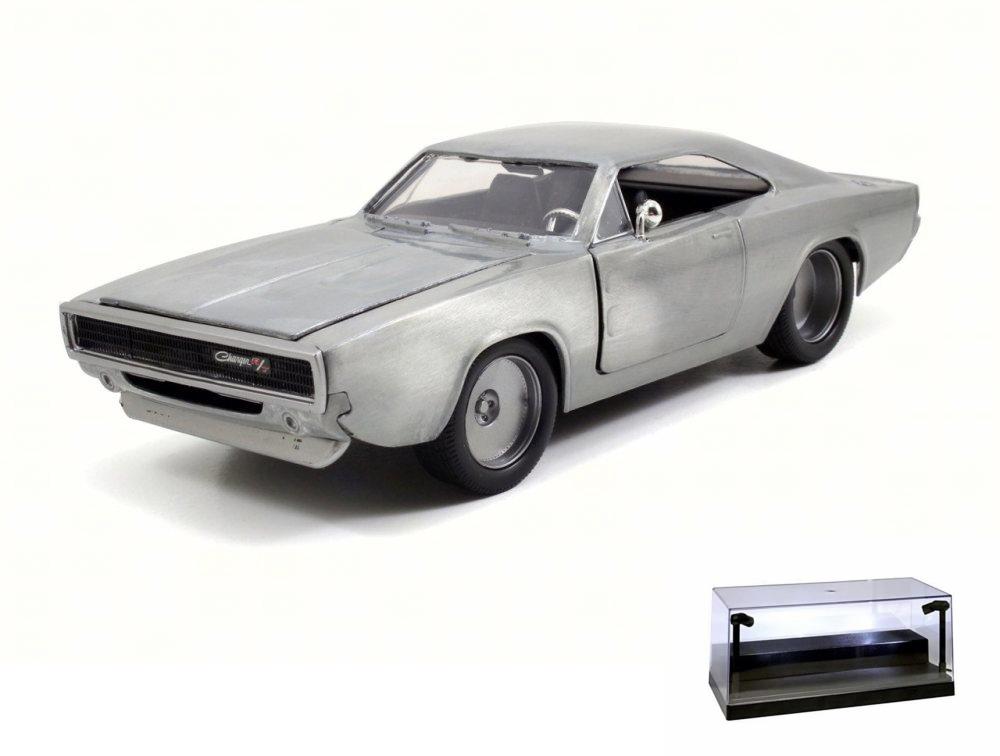 Diecast Car w/LED Display Case - 1968 Dom's Dodge Charger R/T, Bare Metal - JADA 97370 - 1/24 Scale Diecast Model Toy Car - image 1 of 3