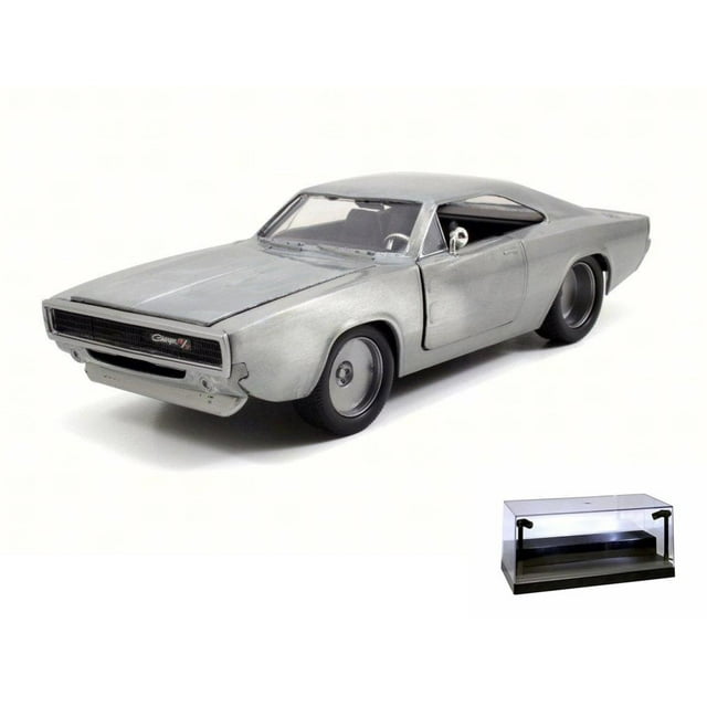 Diecast Car w/LED Display Case - 1968 Dom's Dodge Charger R/T, Bare Metal - JADA 97370 - 1/24 Scale Diecast Model Toy Car