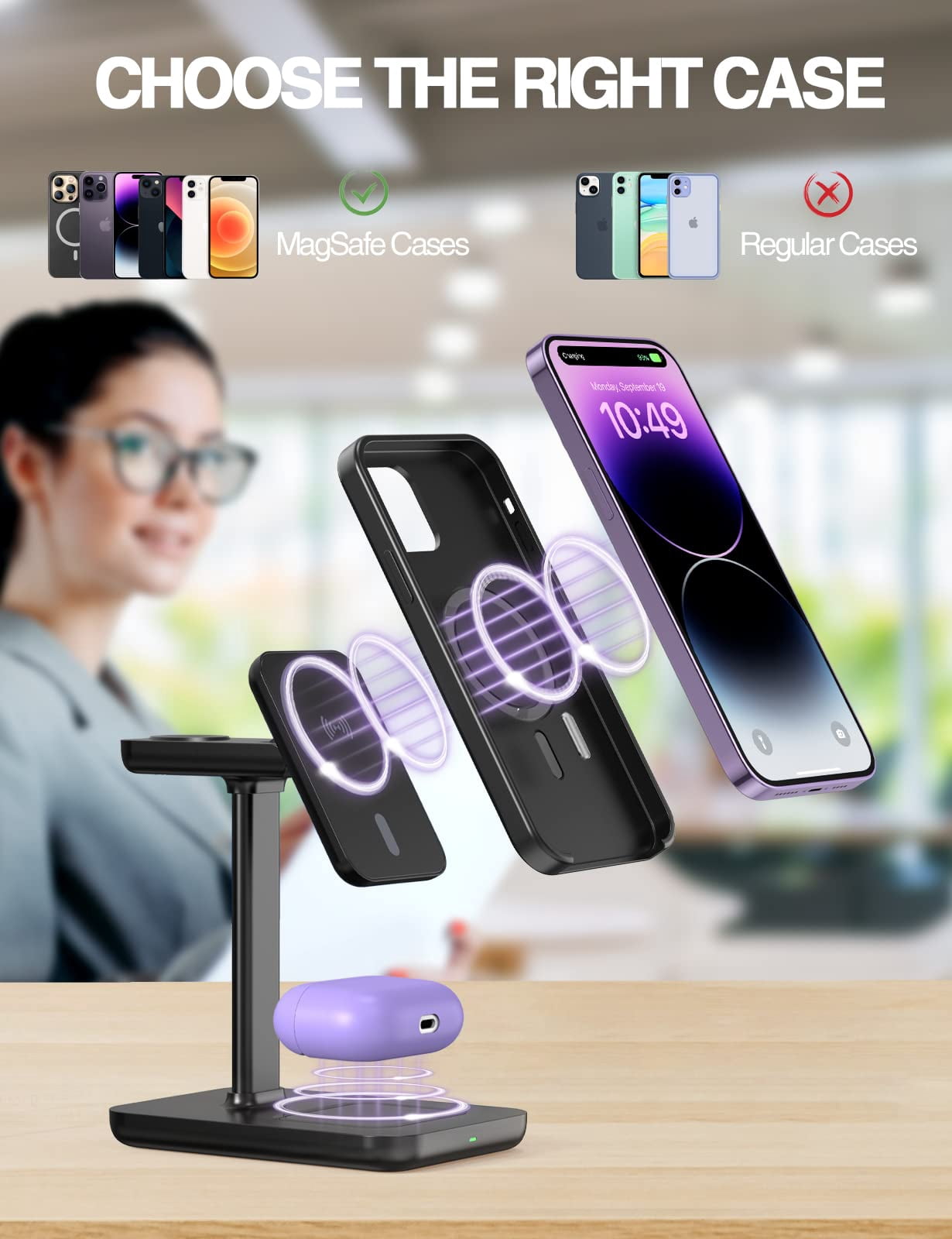 Miroddi Magnetic Wireless Charging Station Compatible for iPhone, Apple Watch, AirPods, 3-in-1 Wireless Charging Stand with 20W Quick Charger, Gifts for Him Her, White