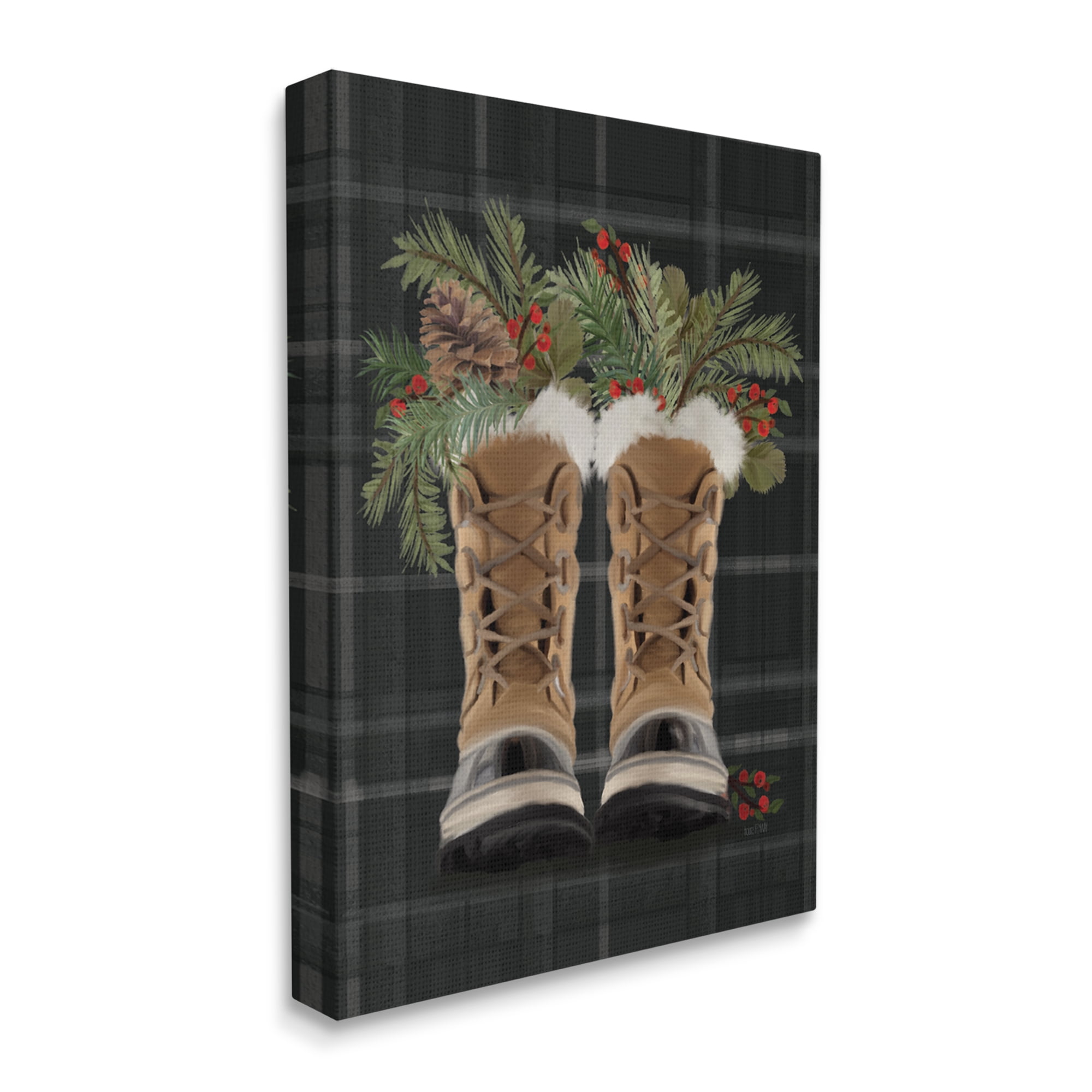 Cozy Winter Boots Holly Fir Sprig Arrangement Botanical & Floral Painting Gallery-Wrapped Canvas Print Wall Art