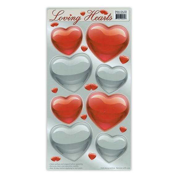 Magnet Variety Pack (8 Magnets) - Red and Silver Hearts (Valentine's Day) - Refrigerators, Cars, Mailboxes, Decoration - 2.25" to 3" Wide (Each Heart)