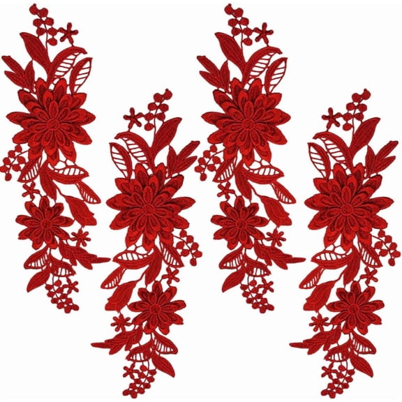 2 Pairs 4Pcs Red Embroidery 3D Flower Applique Vintage Embroidered Lace Appliques Sew On Soild Floral Polyester Patches Craft Supply