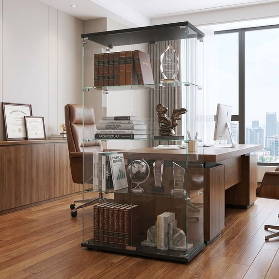 MAYEERTY 2-Door Curio Cabinet, 4-Shelf Tempered Glass Display Case Cabinet for Living Room Office, 64.7" H × 31.7" W × 14.3" D