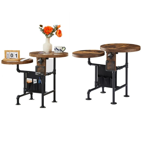 VECELO Set of 2 Round Snack End Table with Storage Fabric Bag and Bottle Opener, Wooden Sofa Side Table for Living Room, Brown