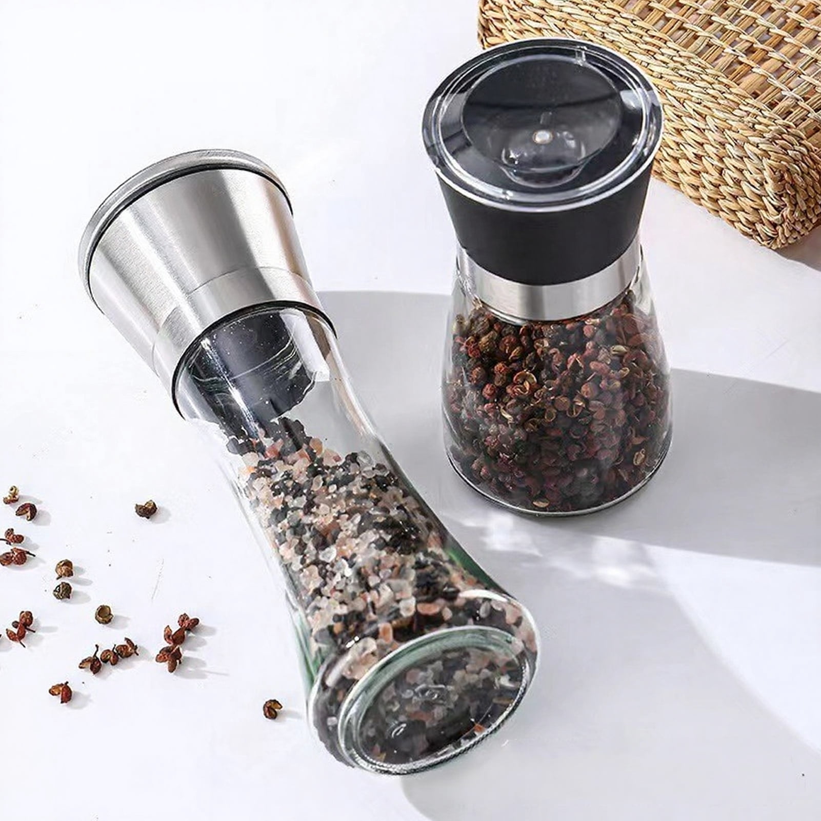 Jkung 2Pcs Pepper And Salt Grinder Refillable Stainless Steel Mill with Adjustable Coarseness Manual Spice Grinder for Kitchen Home Restaurant