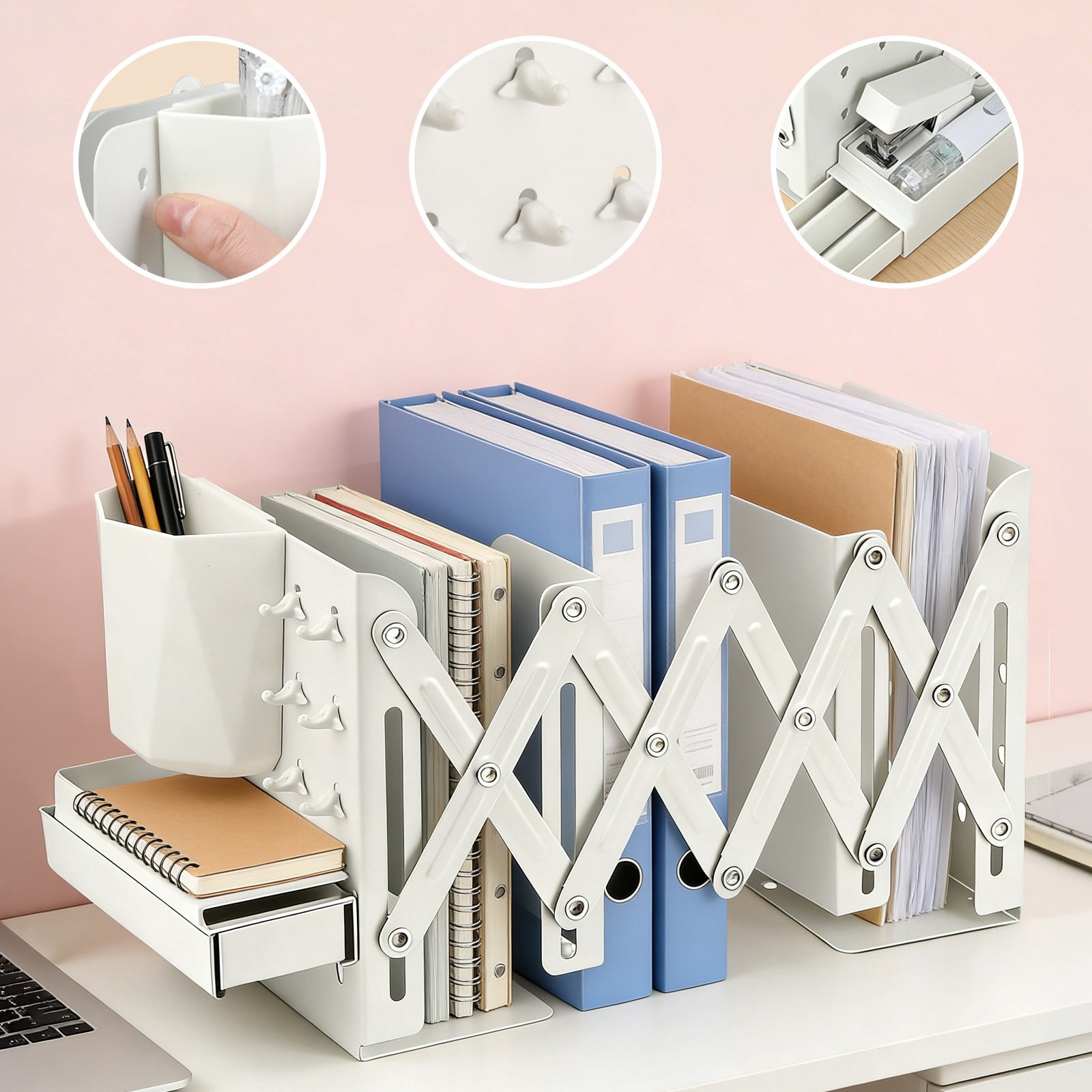 Specollect 1 Pcs Adjustable Desktop Organizer Stand with Storage Box Pen Holder Hooks for Office Supplies Home Study Desk Accessories Multifunctional Rack