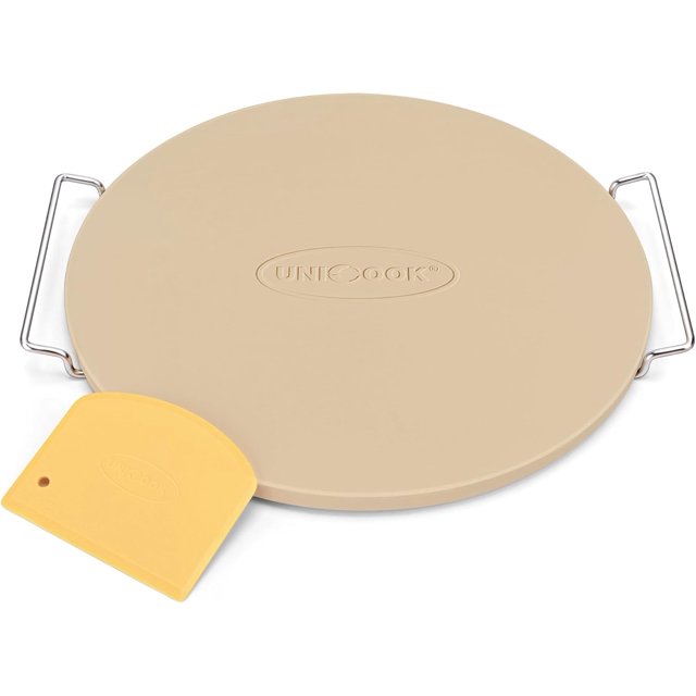 fafa-Unicook 13 Inch Round Pizza Stone for Oven and Grill, Oven Baking Stone for Bread, Cordierite Pizza Pan for Baking Crispy Pastry, Bread and Cookies, Includes Carry Rack and Dough Scraper