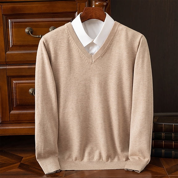 Teyfeniy V Neck Pullover Sweater for Men Long Sleeve Solid Color Lightweight Casual Loose Fall Winter Loungewear Outdoorwear Tops