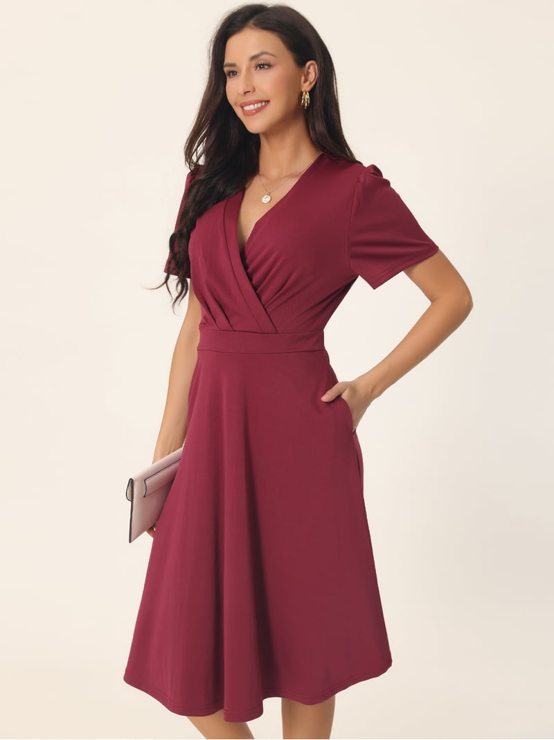 red dress wrap short sleeve Midi Length Linen Wrap Dress with Short Sleeves, L / Moroccan Red