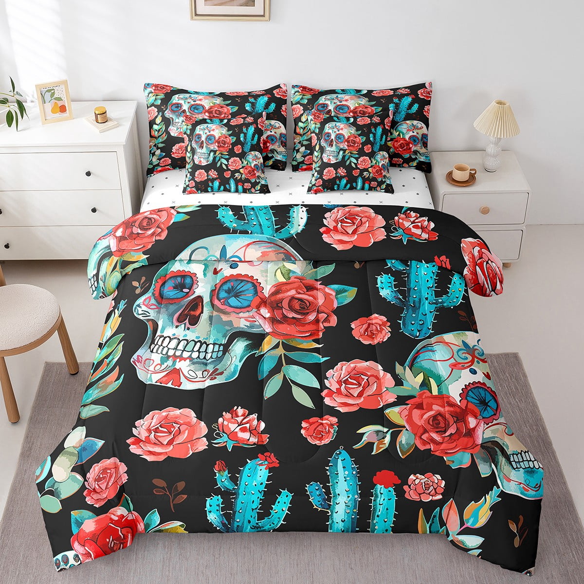 YST Ensemble de Literie 7 Pcs Tête de Mort Colorée Très Grand Size Tropical Cactus, Ensembles de Douillette, Ensemble de Literie Roses Romantiques avec Drap Plat, Drap-Housse, Taies d'Oreiller, Housses de Coussin Décoratif