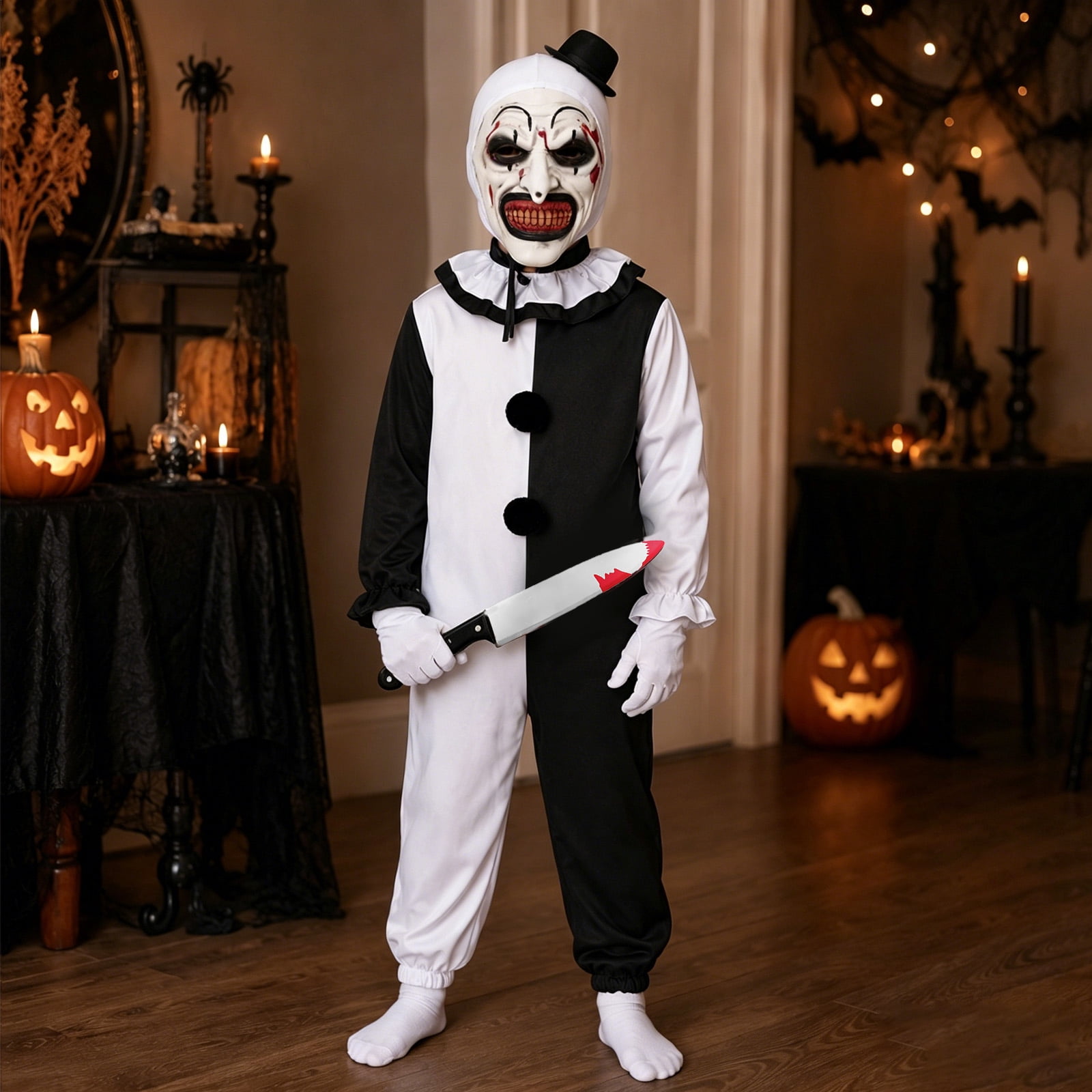 GOBWCOT Kids Clown Costume Terrifying Killer Black & White Scary Clown Jumpsuit Outfit with Mask, Knife Prop, Gloves for Halloween